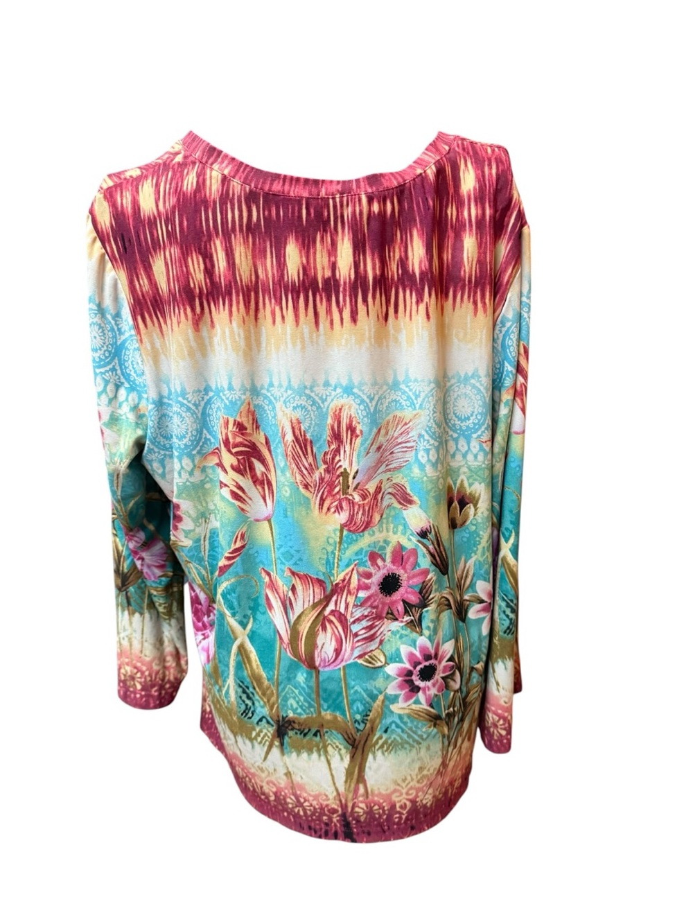 Floral Watercolor Long-Sleeve Scoop Neck Top - Teal & Pink XL - Picture 6 of 7